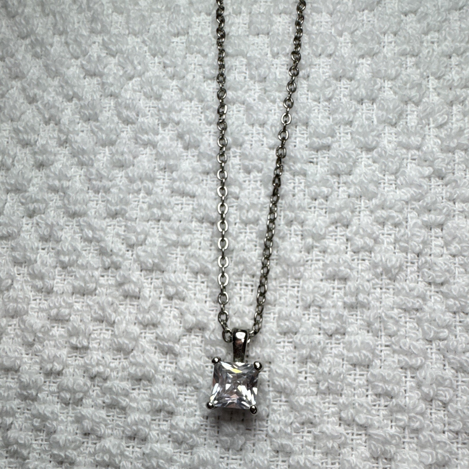 Silver-Tone Metal Square Clear CZ Pendant Necklace, Cable Chain