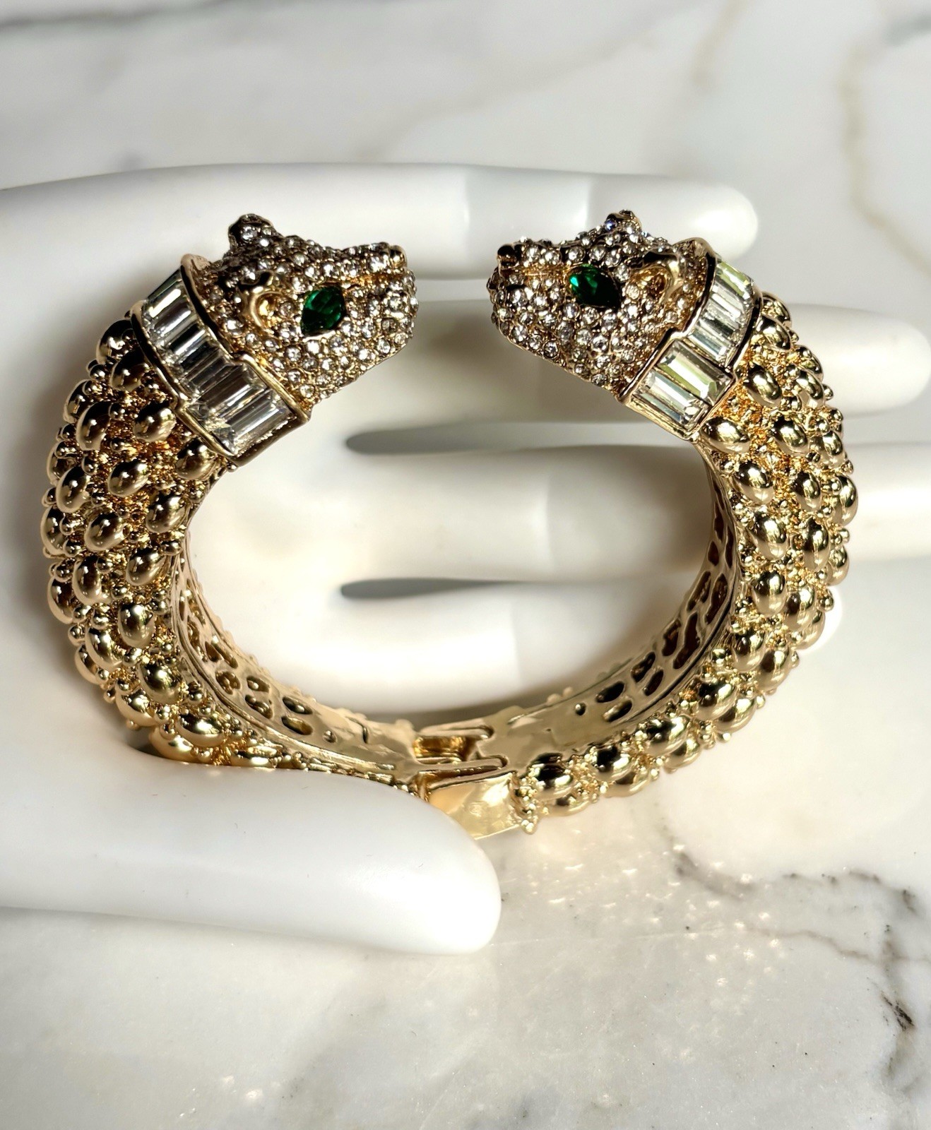 PANTHER FELINE SET /2 CRYSTALS HINGED CUFF BRACELET SILVER GOLD TONE BAGUETTES