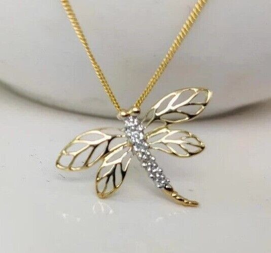 Pretty Dragonfly Fancy Pendant Round Simulated Diamond In 14K Yellow Gold Plated