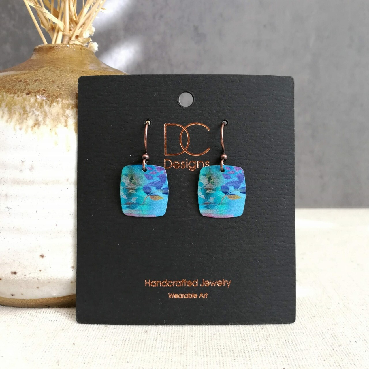 DC Designs Abstract Foliage Small Square Earrings in Blue and Green 34NS Unique
