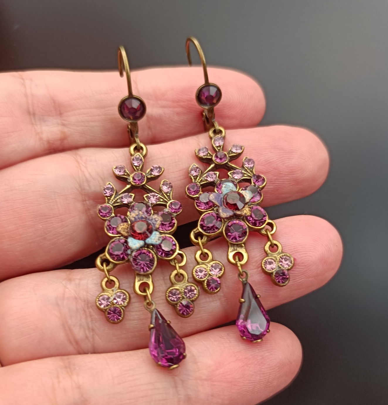 Michal Negrin Chandelier Earrings Purple Long Crystal Victorian Revival Gala VTG
