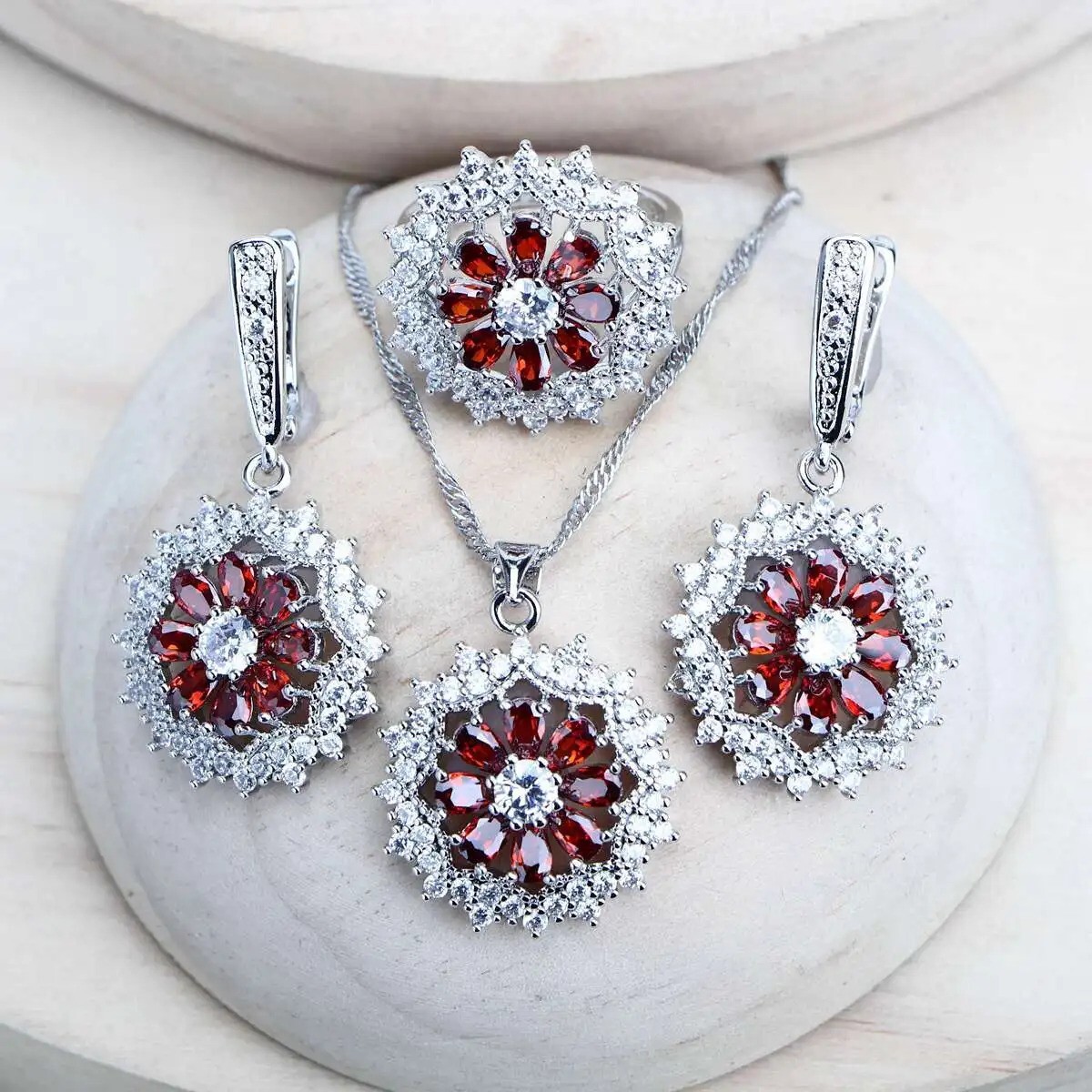 925 Silver CZ Red Garnet Ring Earrings Bracelet Pendant Necklace Set