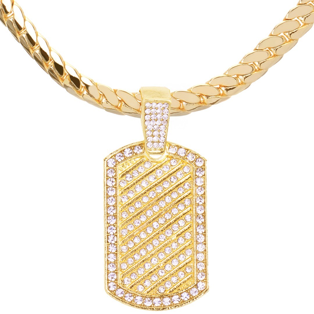 Men’s Gold Silver Plated Iced Dog Tag 20″ 24″ Miami Cuban Chain Necklace MCP1333