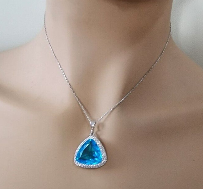 Large Triangular 1.5 in Pendant Pave CZ 925 Silver Blue White Crystal Turkey NW