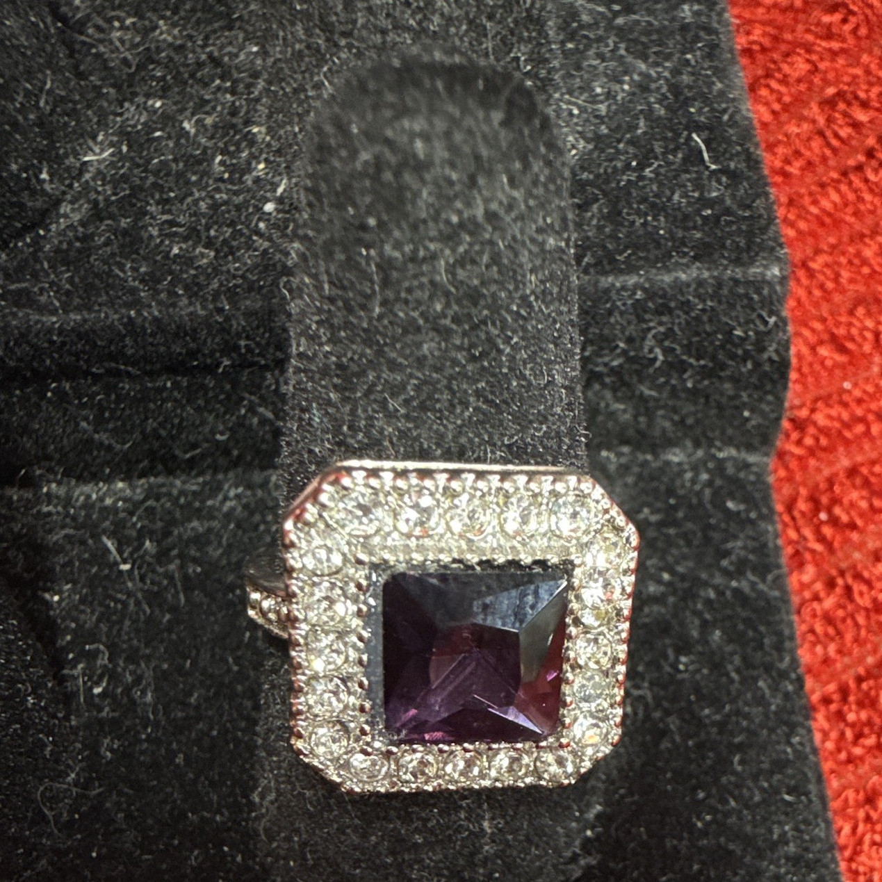 Square Purple Stone Halo Rhinestone Cocktail Ring Silver Tone Metal US size 8.5
