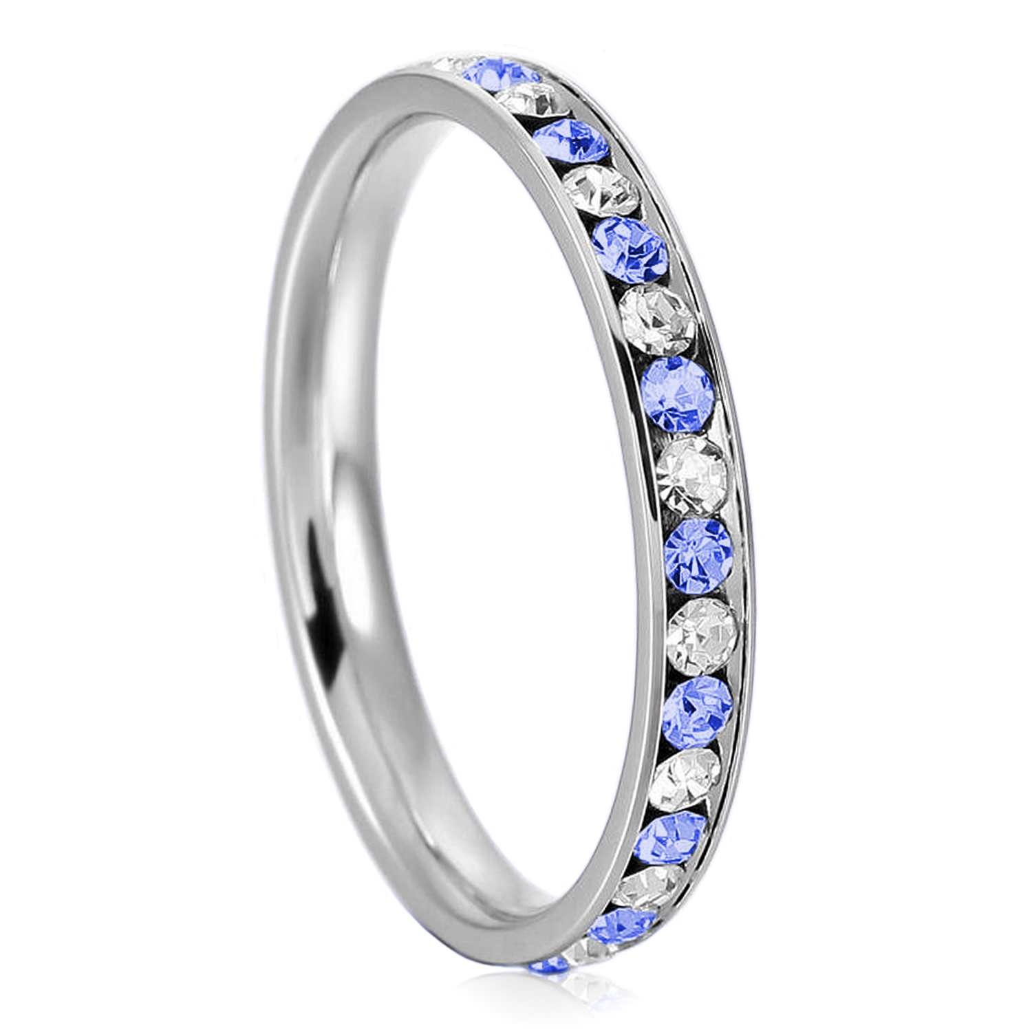 Stainless Steel Stackable Eternity Blue & White Crystal Rings 3MM