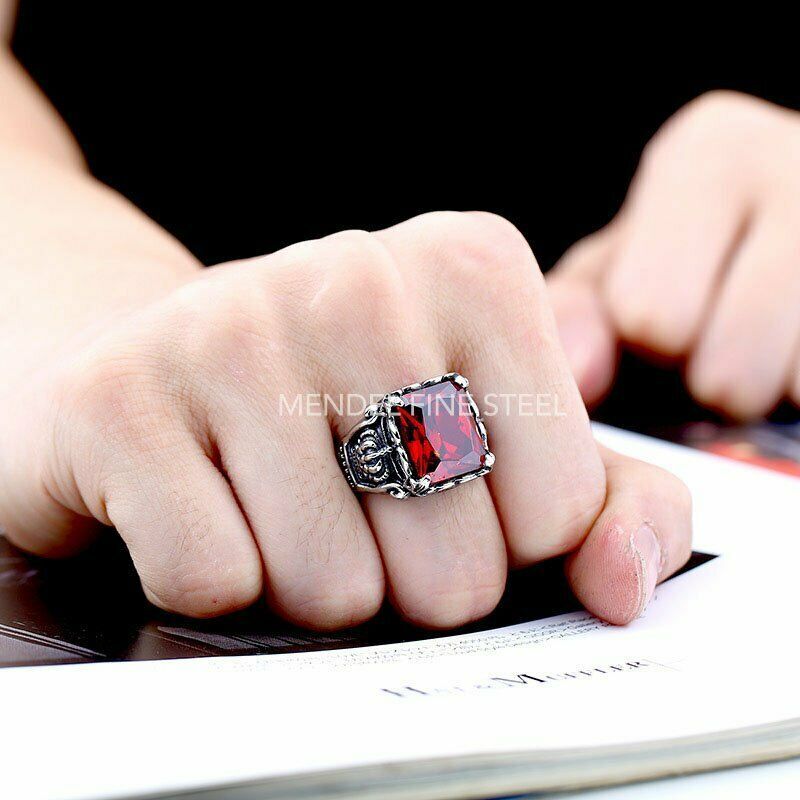 MENDEL Mens Womens Crown Red CZ Stone Ring For Men Stainless Steel Size 7 8 9-15