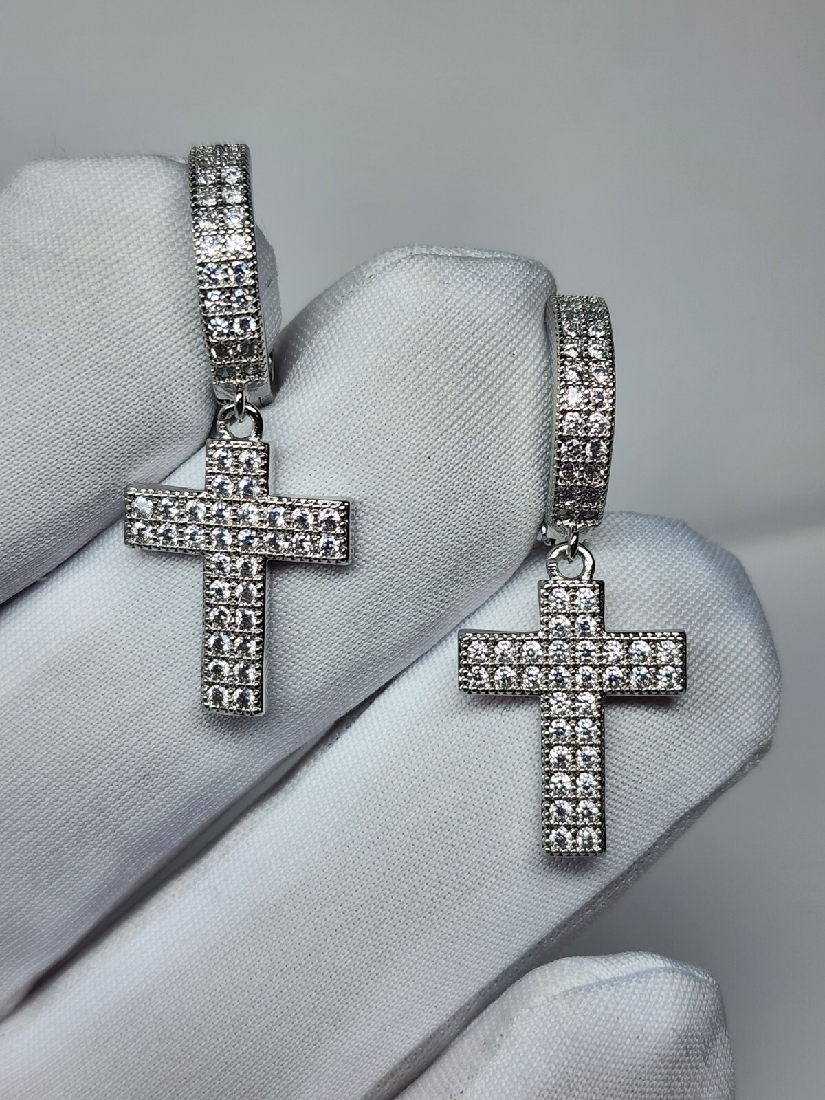 Gold, Silver Plated Hoop Cross Dangle Earrings With Cubic Zirconia Unisex HipHop