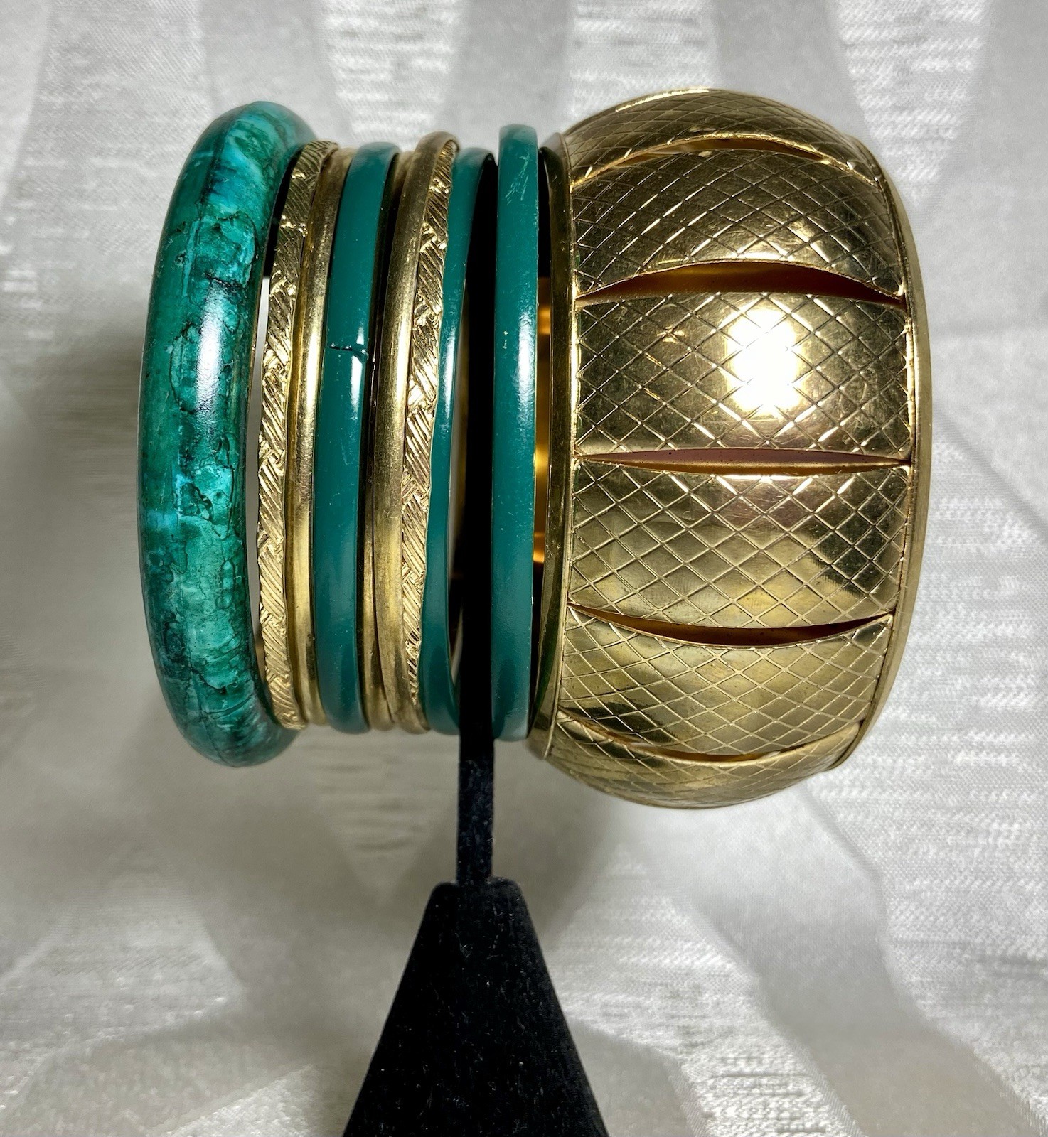 Gold Tone & Green/Teal Bangle Bracelet Stack Set Boho Statement 10 Pieces