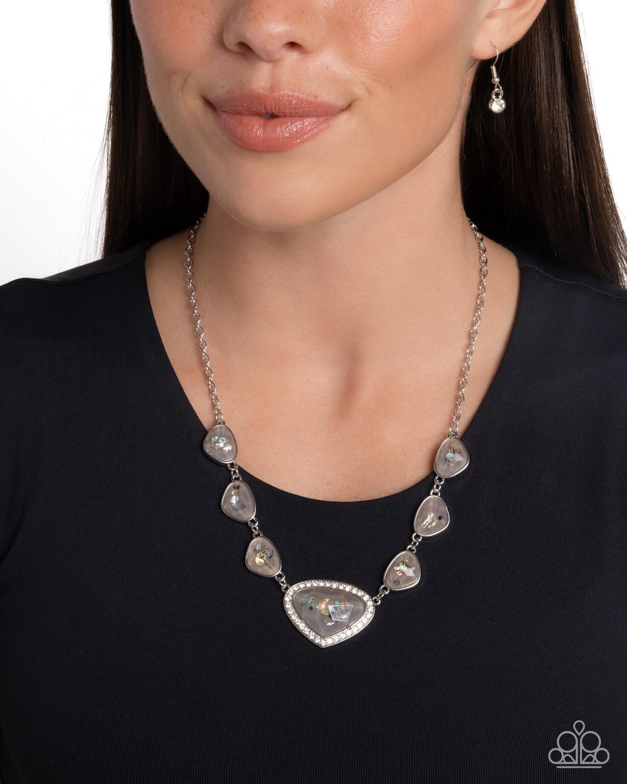 Paparazzi Discreet Dazzle Silver- Iridescent Flecks of Shell – Rhinestones – Ne
