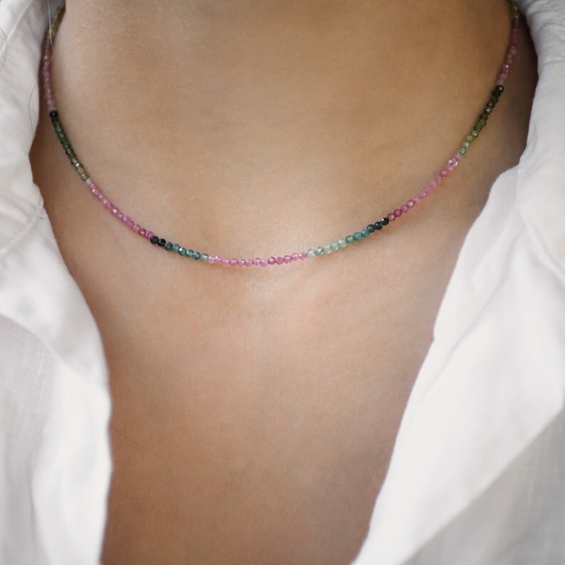 A+++ Dainty Tourmaline Faceted Round Gemstone Beads Girls & Women Necklaces 18”
