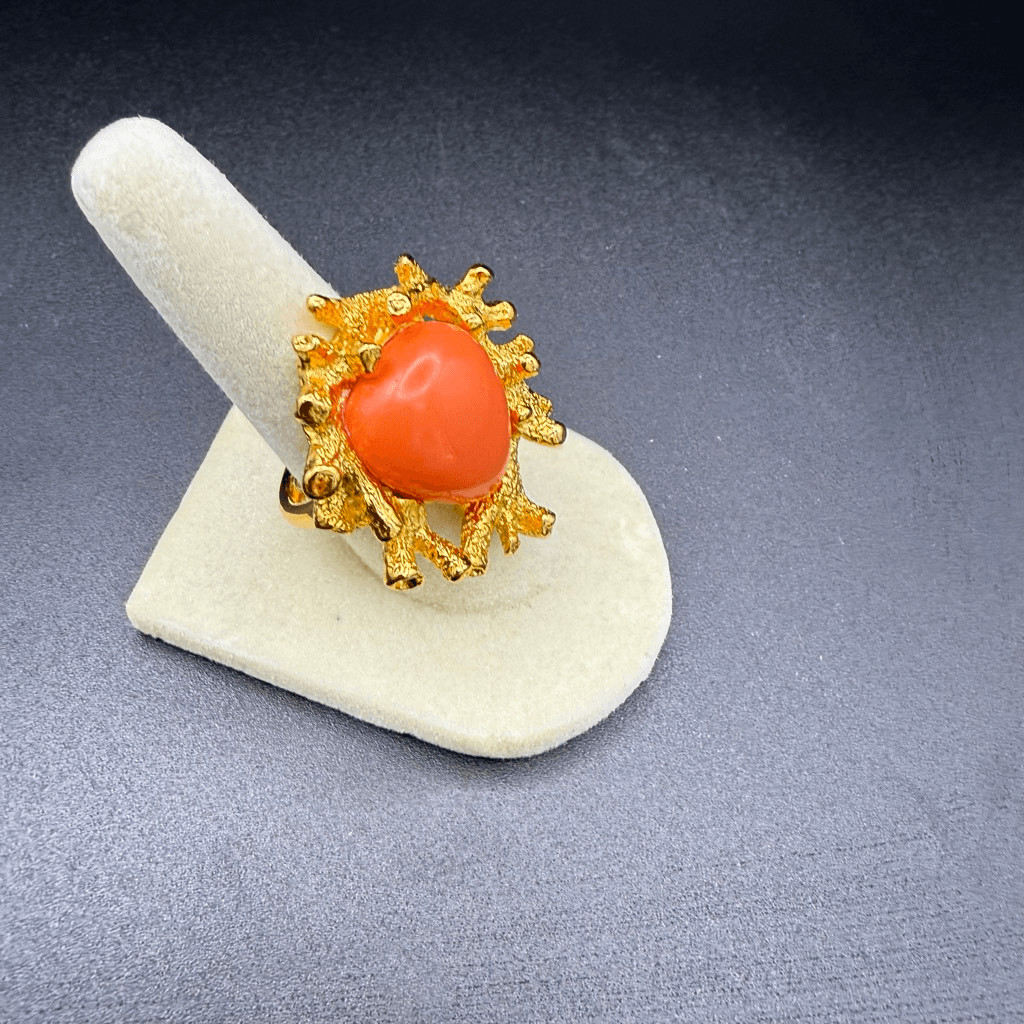 Kenneth Jay Lane coral reef adjustable ring orange gemstone set in gold New sz 6