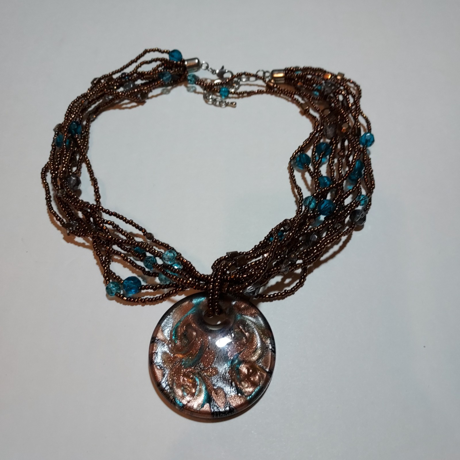 VINTAGE Glass Blown Copper Foil Pendant, Multi-Strand Seed Bead Necklace