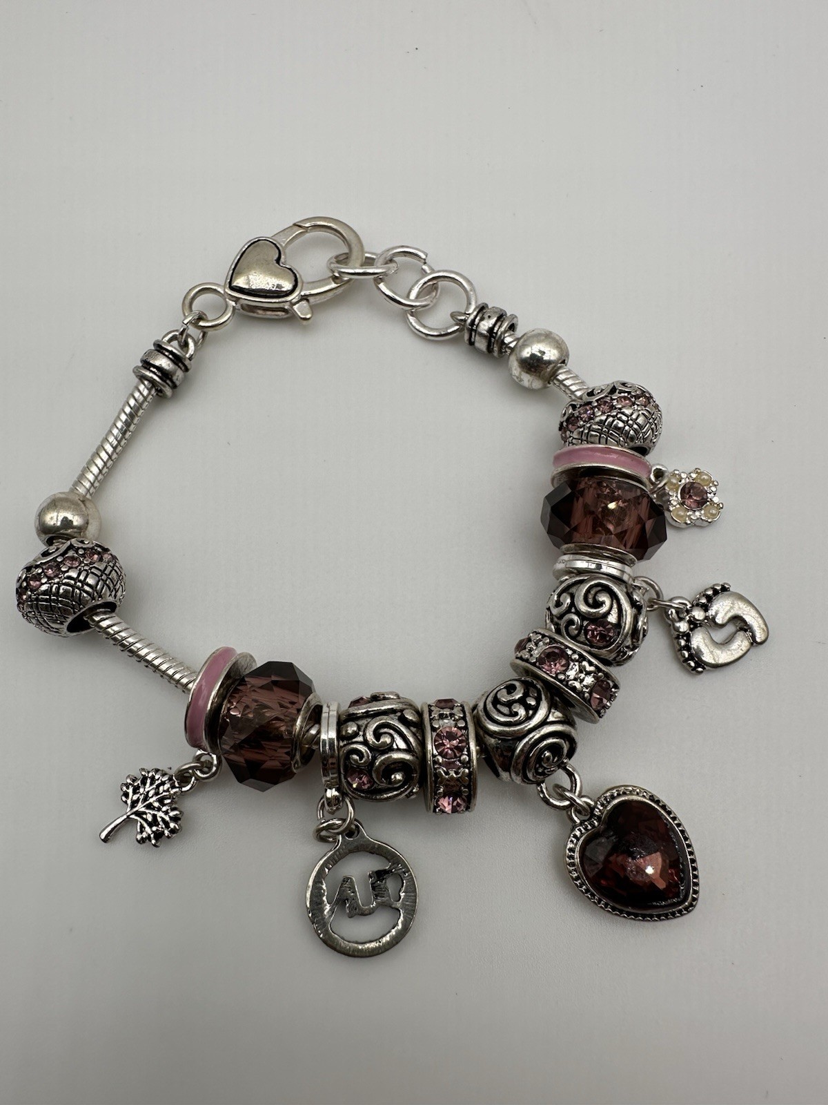 Silver Tone Snake Chain Charm Bracelet Purple Crystal Heart Dangle