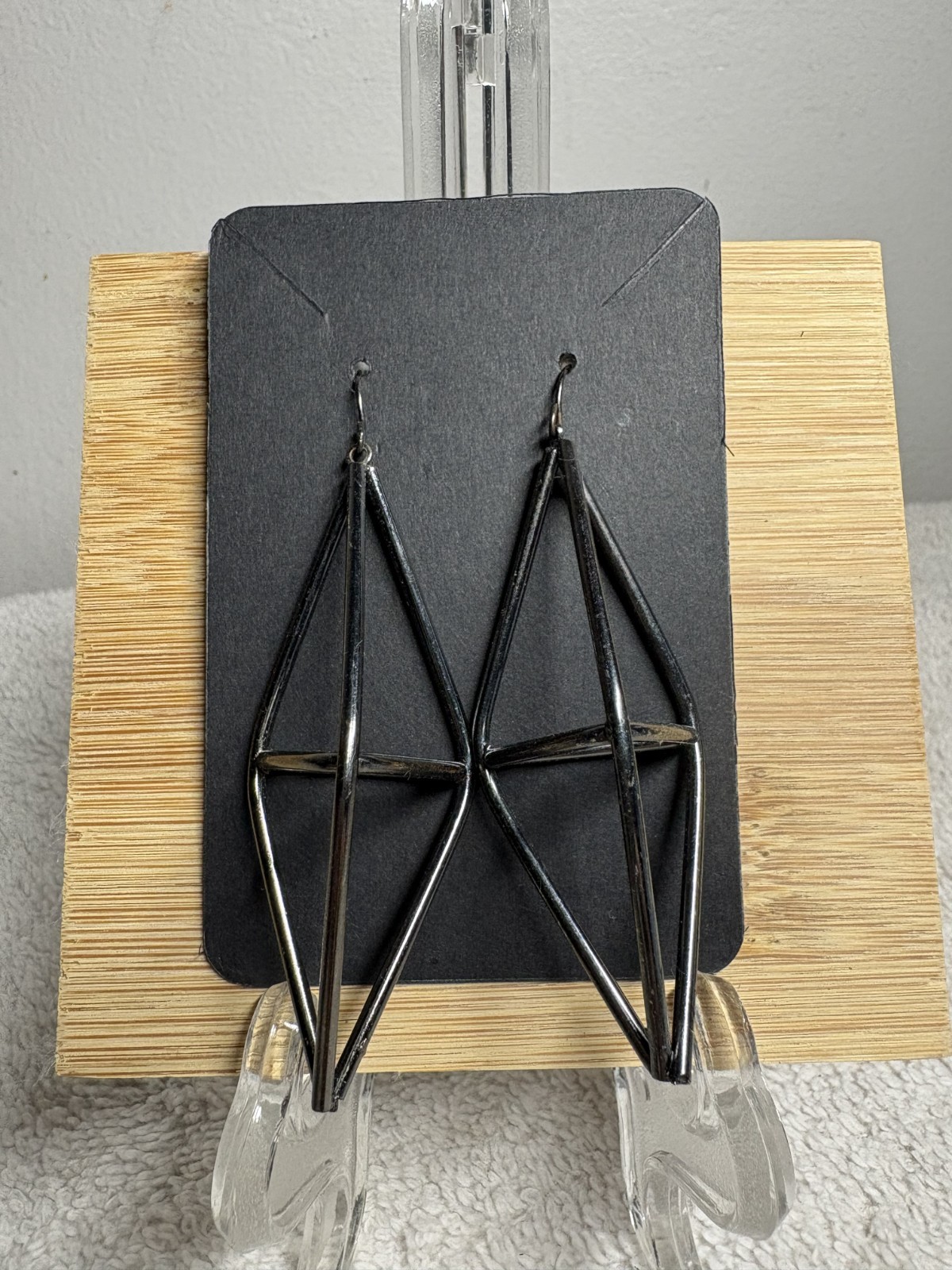 Geometric 3D Gun Metal Earrings – 3.5″ Long, Black Metal