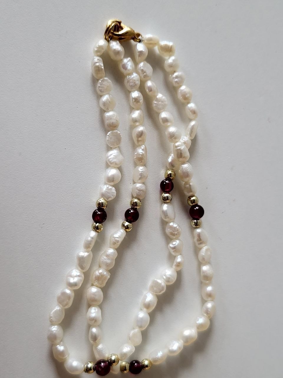Pearl and Garnet Bead Double Strand Bracelet 8 in