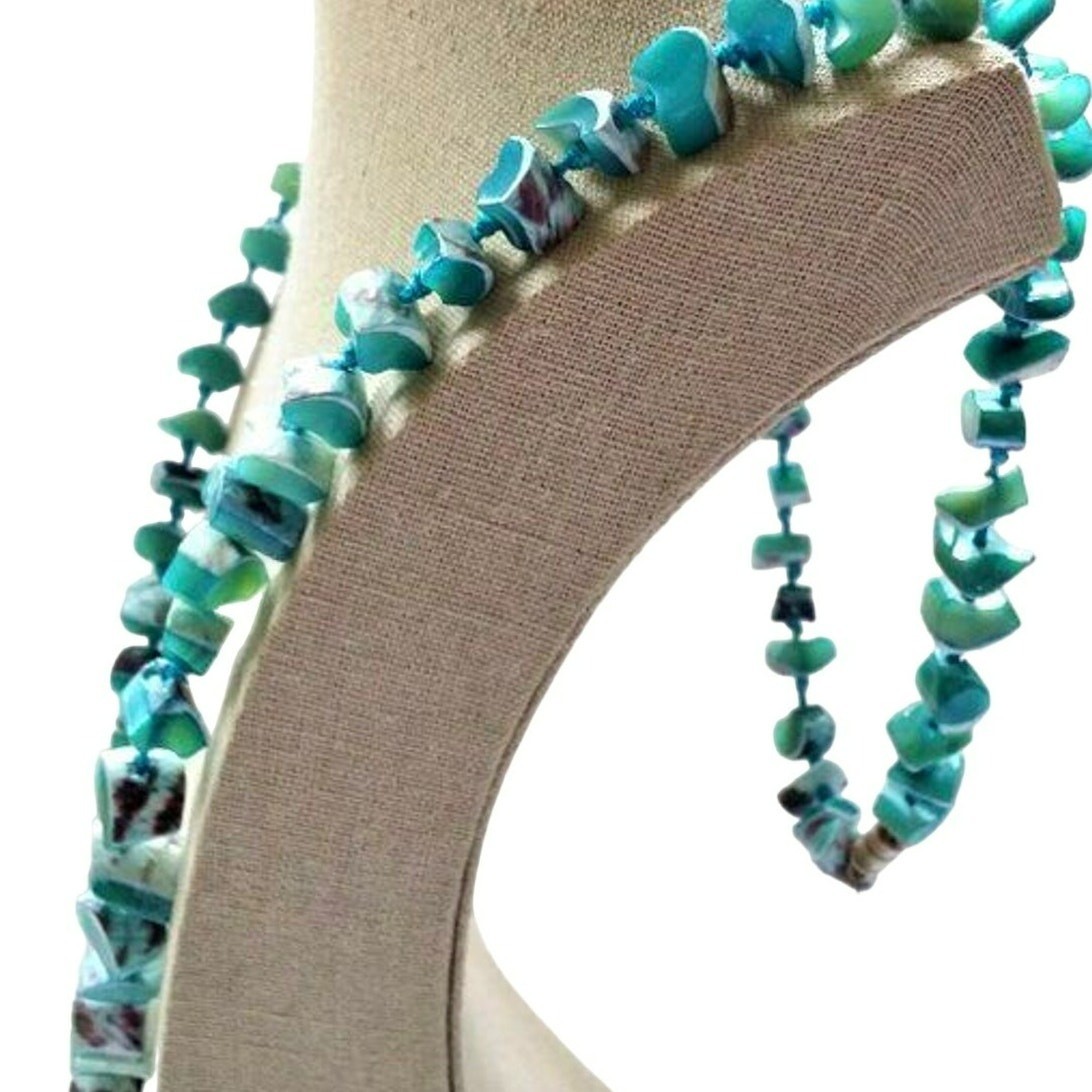 Les Bernard Necklace Blue White Shell Beaded Boho Artisan MOP 32″ Vintage Summer