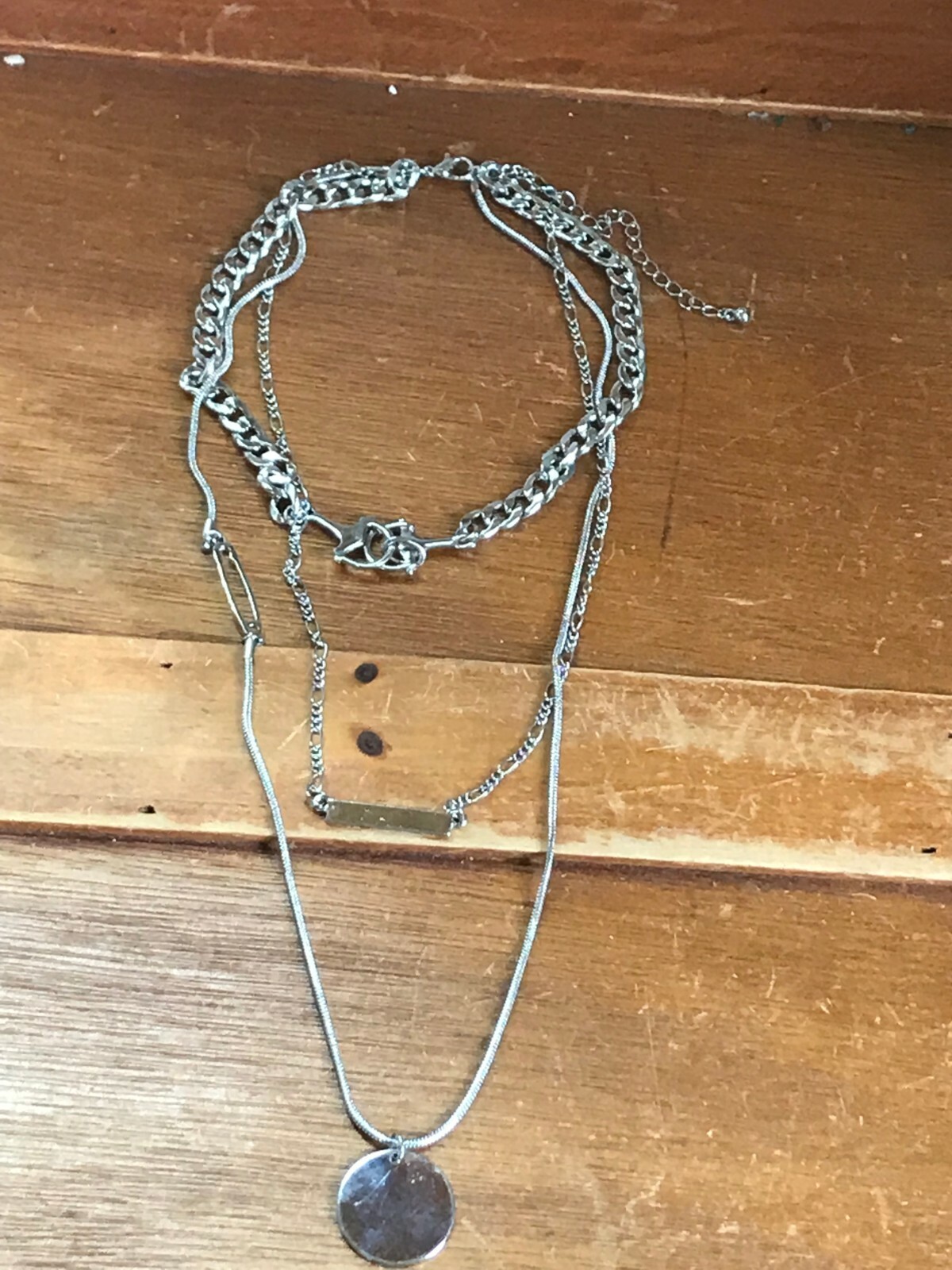 Estate Triple Strand Silvertone Curb Link Figaro & Snake Chain w Horse Bit