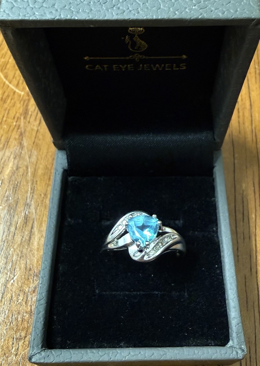 10k Solid White Gold Ring Blue Topaz Diamond Size 7