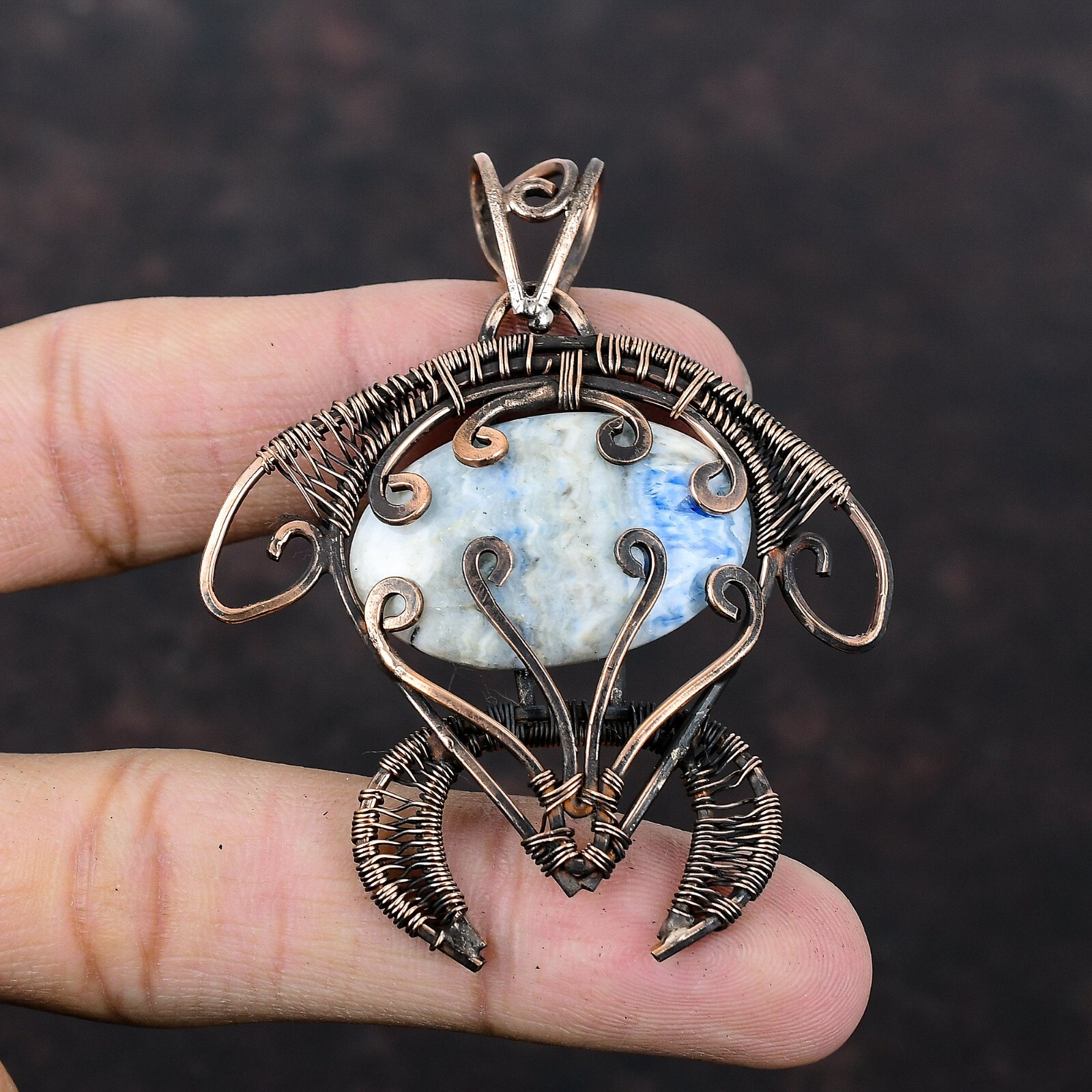 Blue Scheelite Wire Wrapped Tortoise Handcrafted Copper Valentine Gift 2.64″