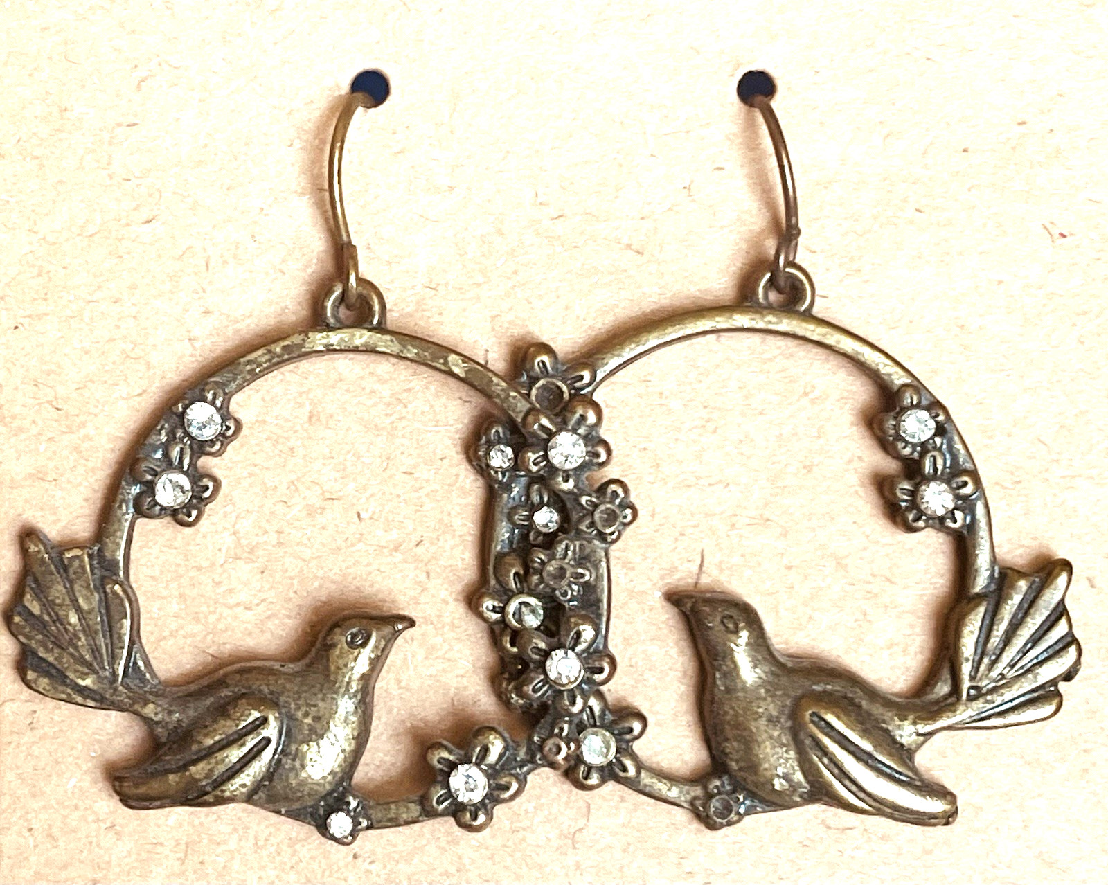 Hoop Metal Dangle Drop Pierced Earrings Birds Flowers and Rhinestones