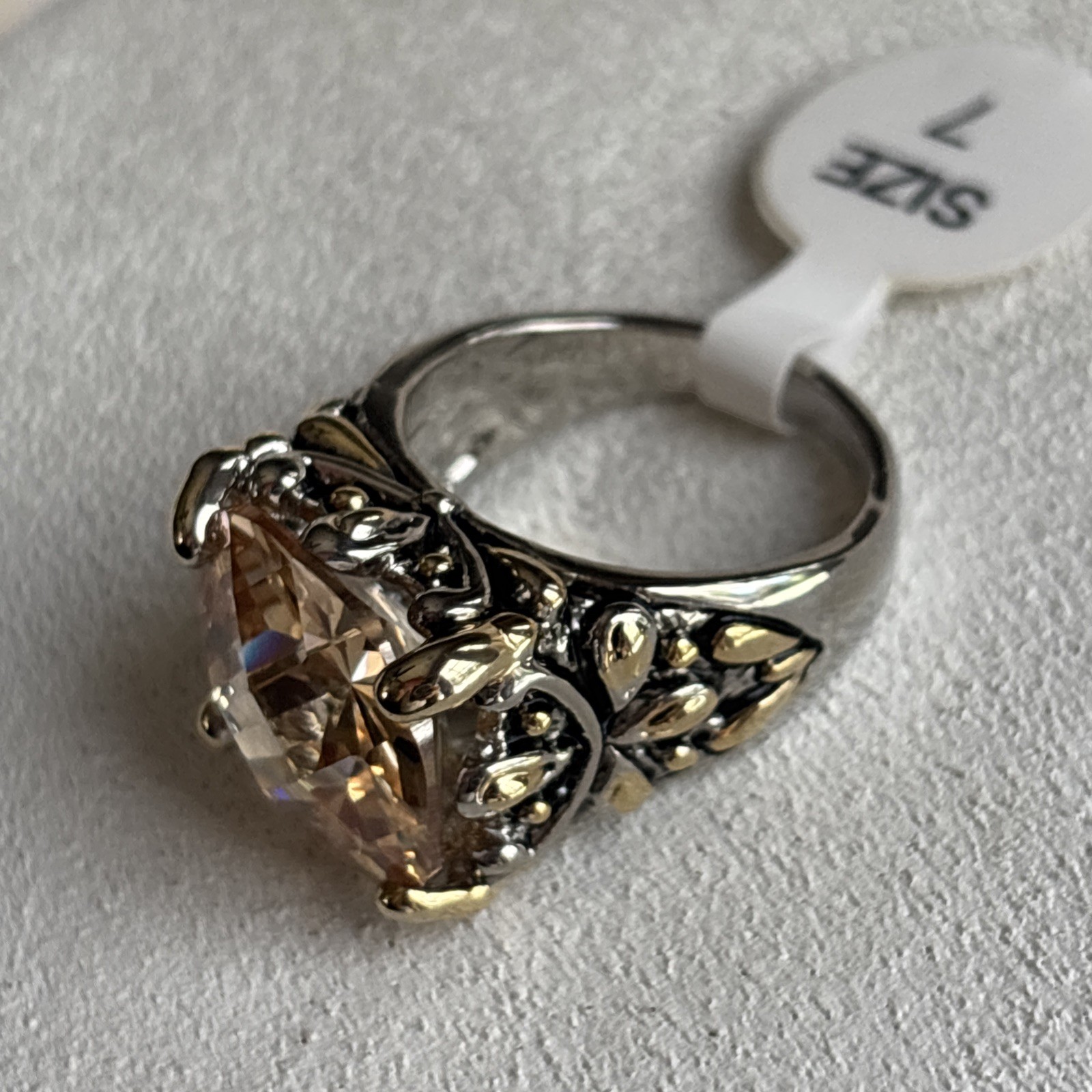 Inspirational Champagne Cushion Cut CZ Crystal Silver Gold Balinese Ring Size 7