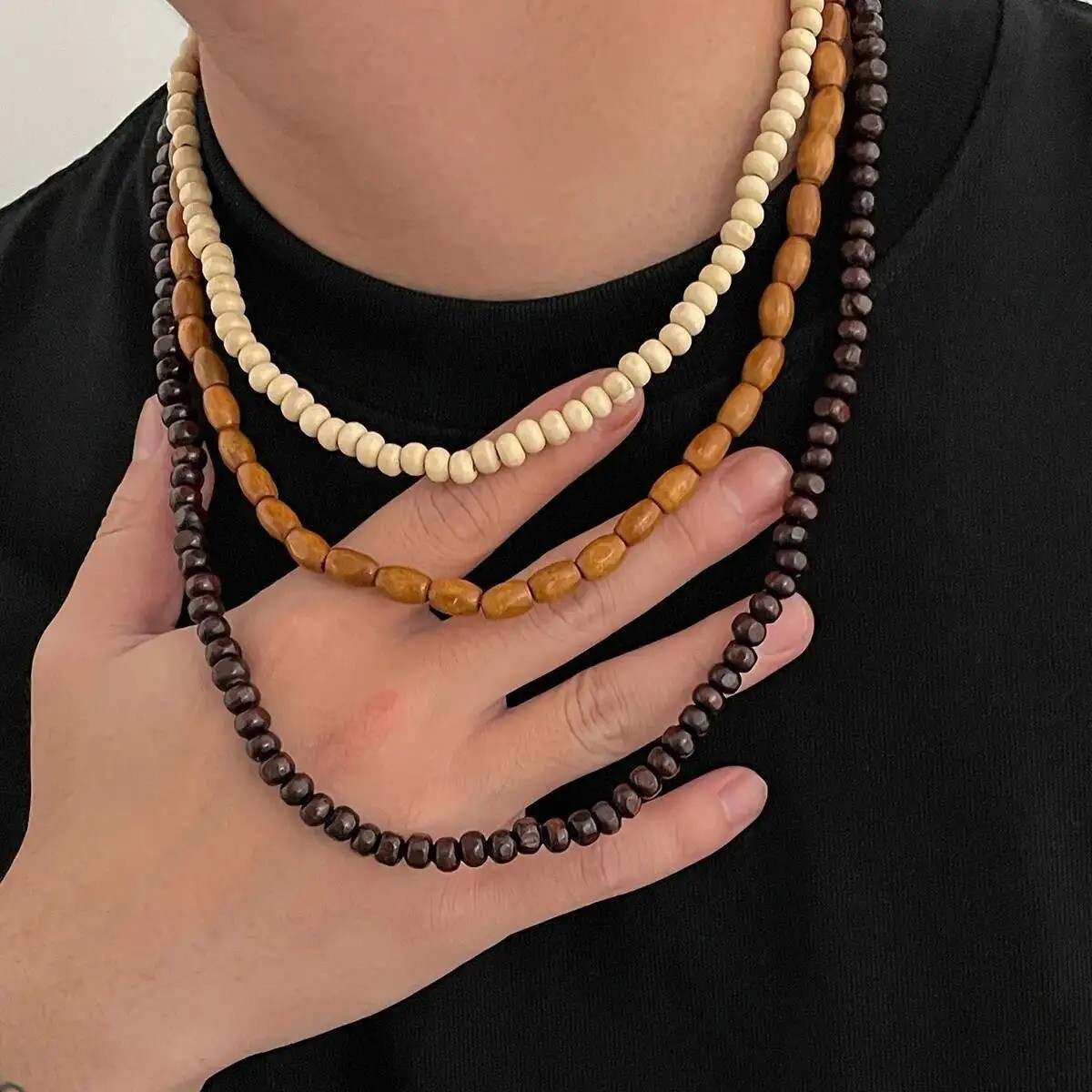 3PCS Wooden Bead Choker Necklace Set Men Ethnic Adjustable Layered Jewelry