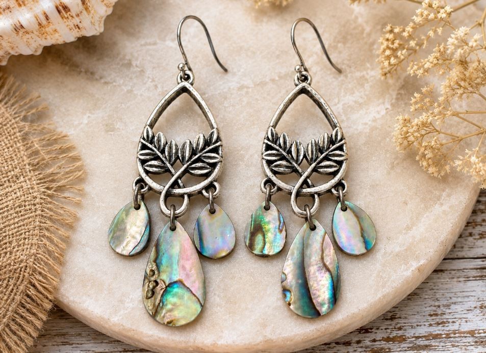 Abolone Shell Chandelier Earrings Silver Tone Leaf Teardrop Boho Dangle