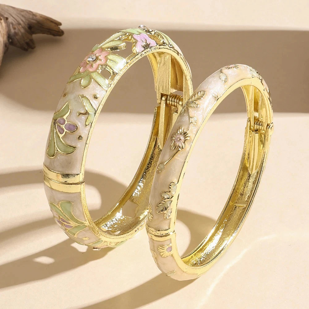 2 PCS Enameled Bracelets For Women Vintage Hollowed Small Flower Cloisonne