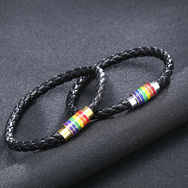 2 Pcs Couple Bracelet Love Leather Braided Magnetic Rainbow Gay LGBT Lover Gift