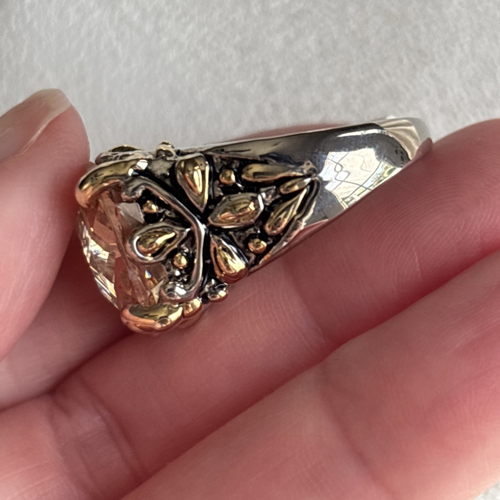 Inspirational Champagne Cushion Cut CZ Crystal Silver Gold Balinese Ring Size 7
