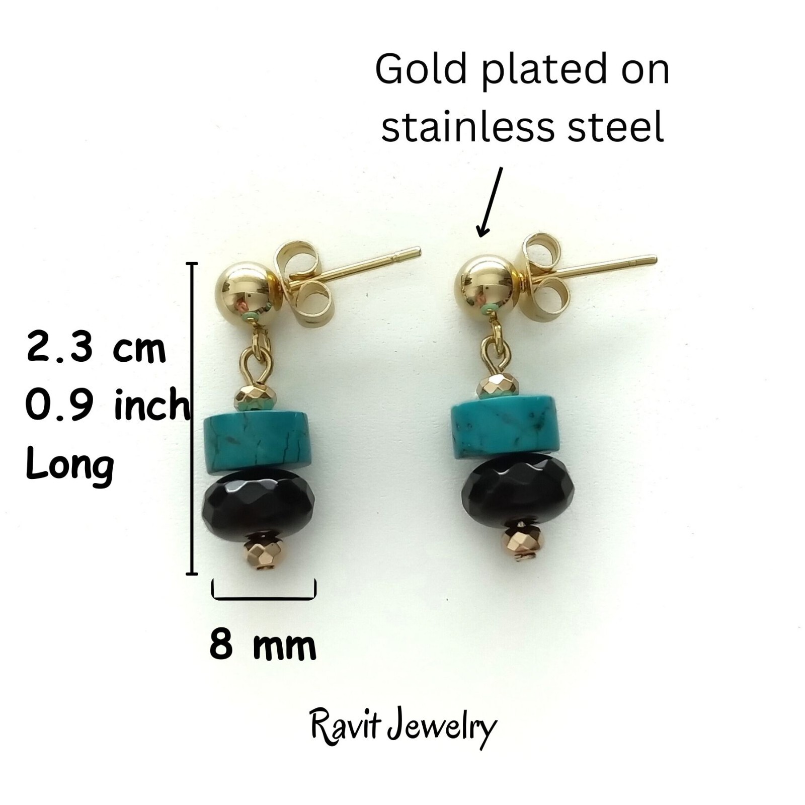 Turquoise And Black Agate Stone Gold Plated Stud Dangle Earrings Stainless Steel
