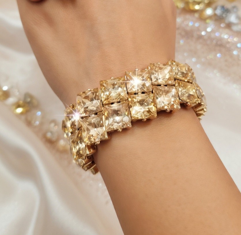 Topaz Gold Rhinestone Stretch Bracelet Statement Drag Pageant Prom Bridal