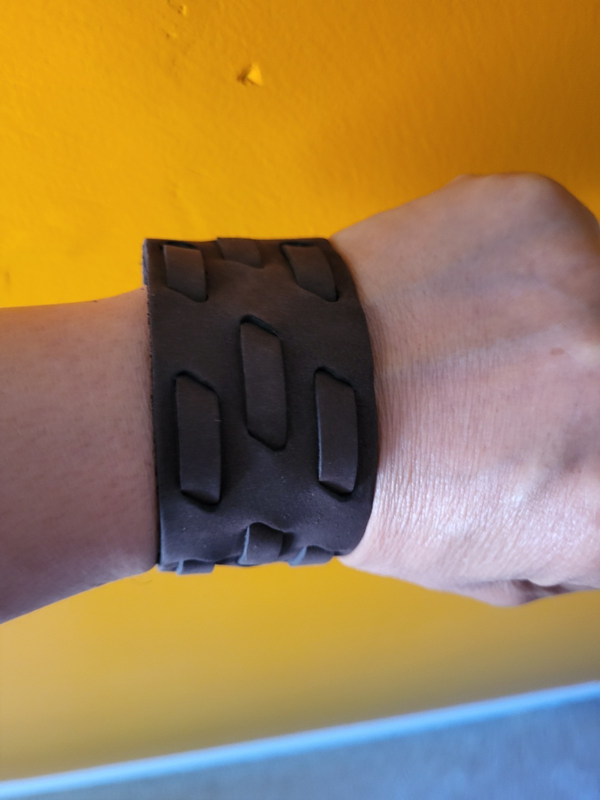Wide Leather Cuff Bracelet dark Brown retangular grid cutouts Biker Rock style