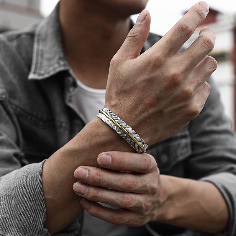 Retro Men’s Silver Feather Adjustable Bangle Cuff Bracelet Fashion Jewelry Gift