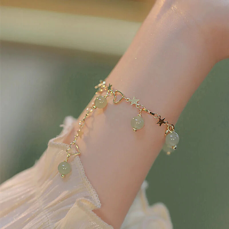 Chinese Green Hetian Jade Bracelet Retro Gold Leaf Beaded Bracelet Jewelry