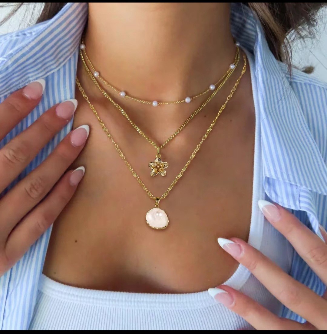 Women’s gold layered necklace flower pendant pearl chain fashion jewellery gift