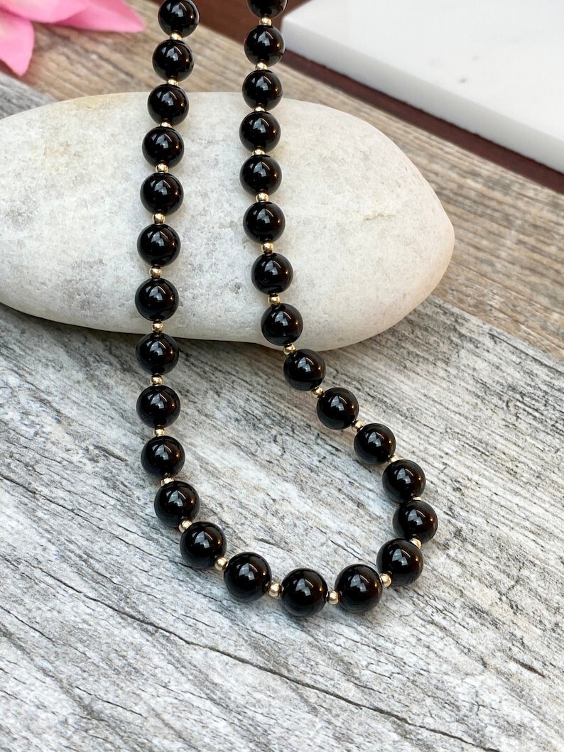 Black Tourmaline Smooth Round Gold Felds Gemstone Beads unisex Necklaces 18”
