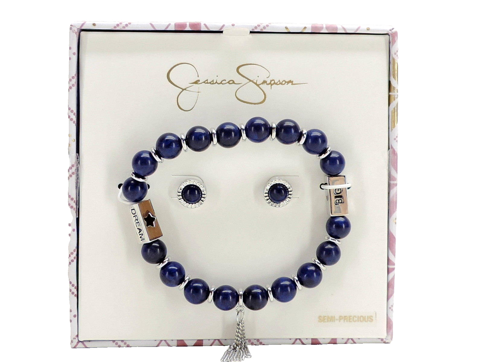 Jessica Simpson Blue Bead Bracelet and Stud Earrings Set Silvertone New in Box!