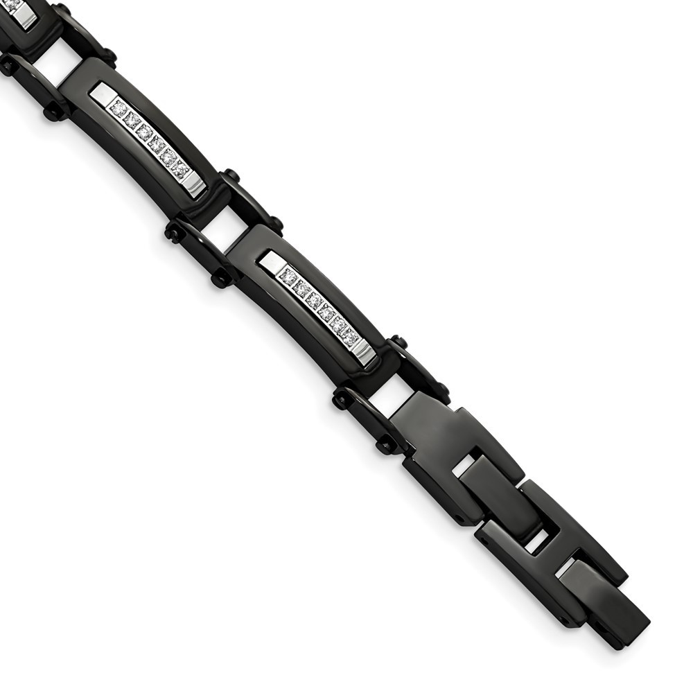 Stainless Steel Polished Black IP-plated CZ Bracelet 8.25″ with .5″ Ext