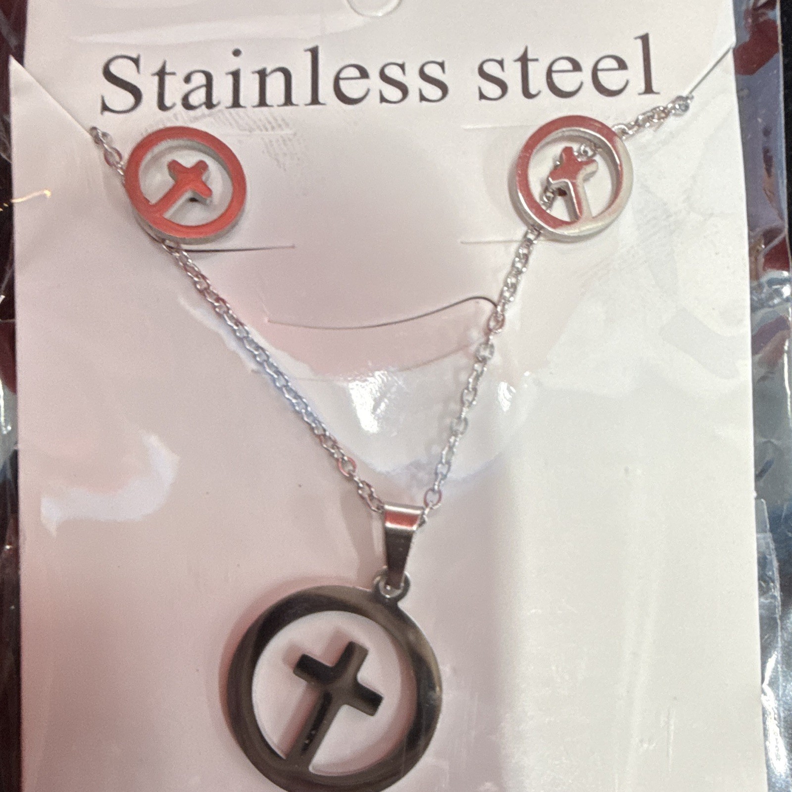 Stainless Steel Silver Religious Cross Necklace Pendant & Earrings Jewelry Set