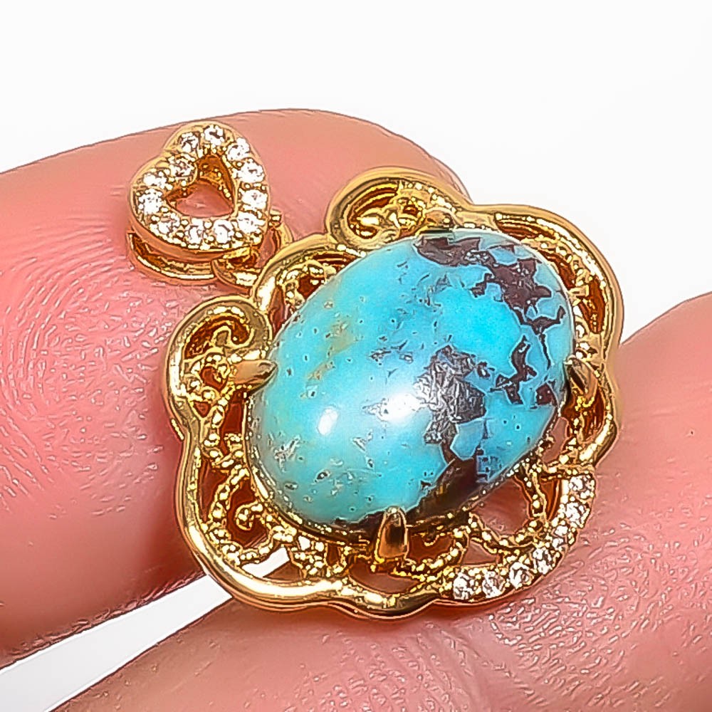 Turquoise – Santa Rita & White Topaz Silver Handmade Pendant 1.09″ P7461-75