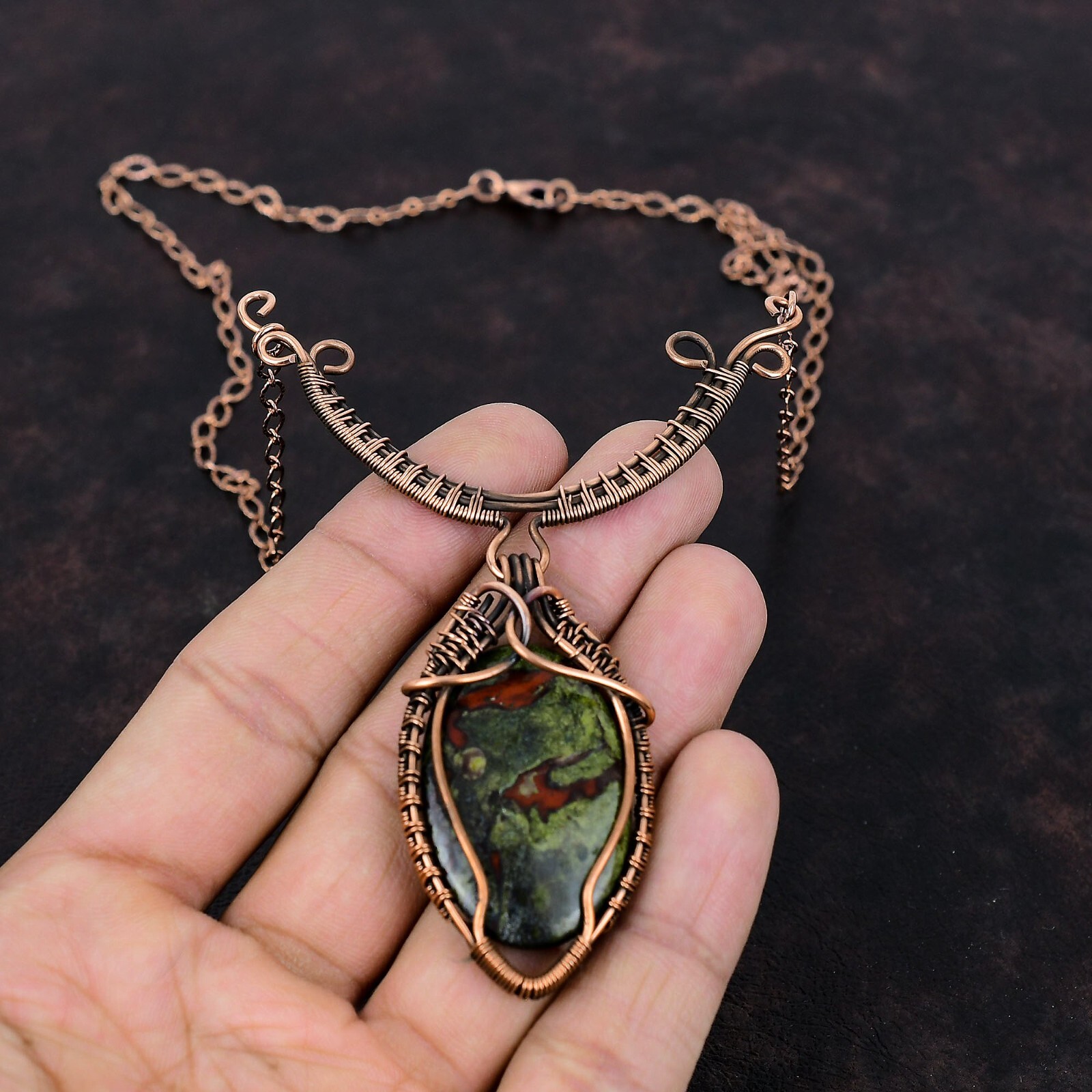 Gift For Her Dragon Bloodstone Wire Wrapped Necklace Adjustable Copper 18.0″
