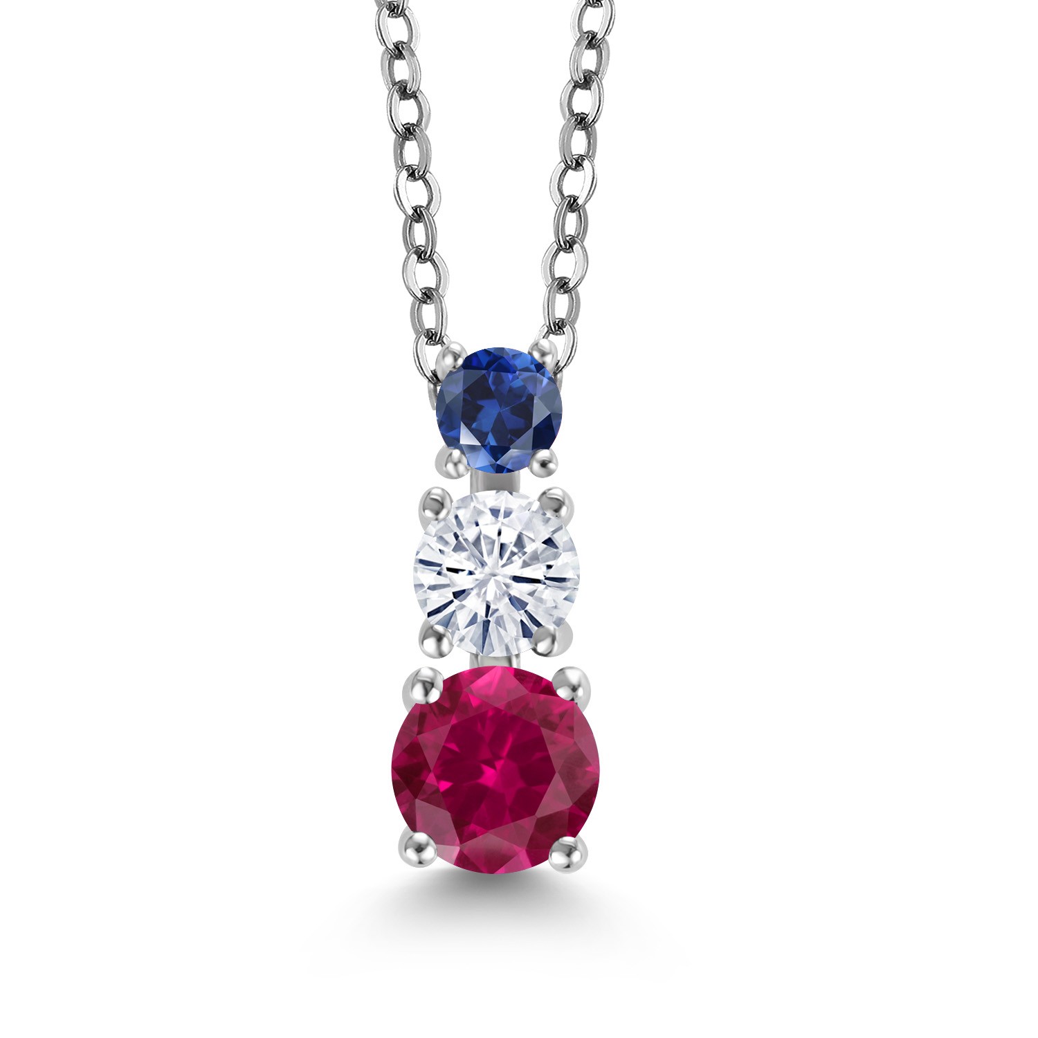 Rhodium Plated 3 Stone Pendant for Women & Chain Created Ruby Moissanite 0.97ct