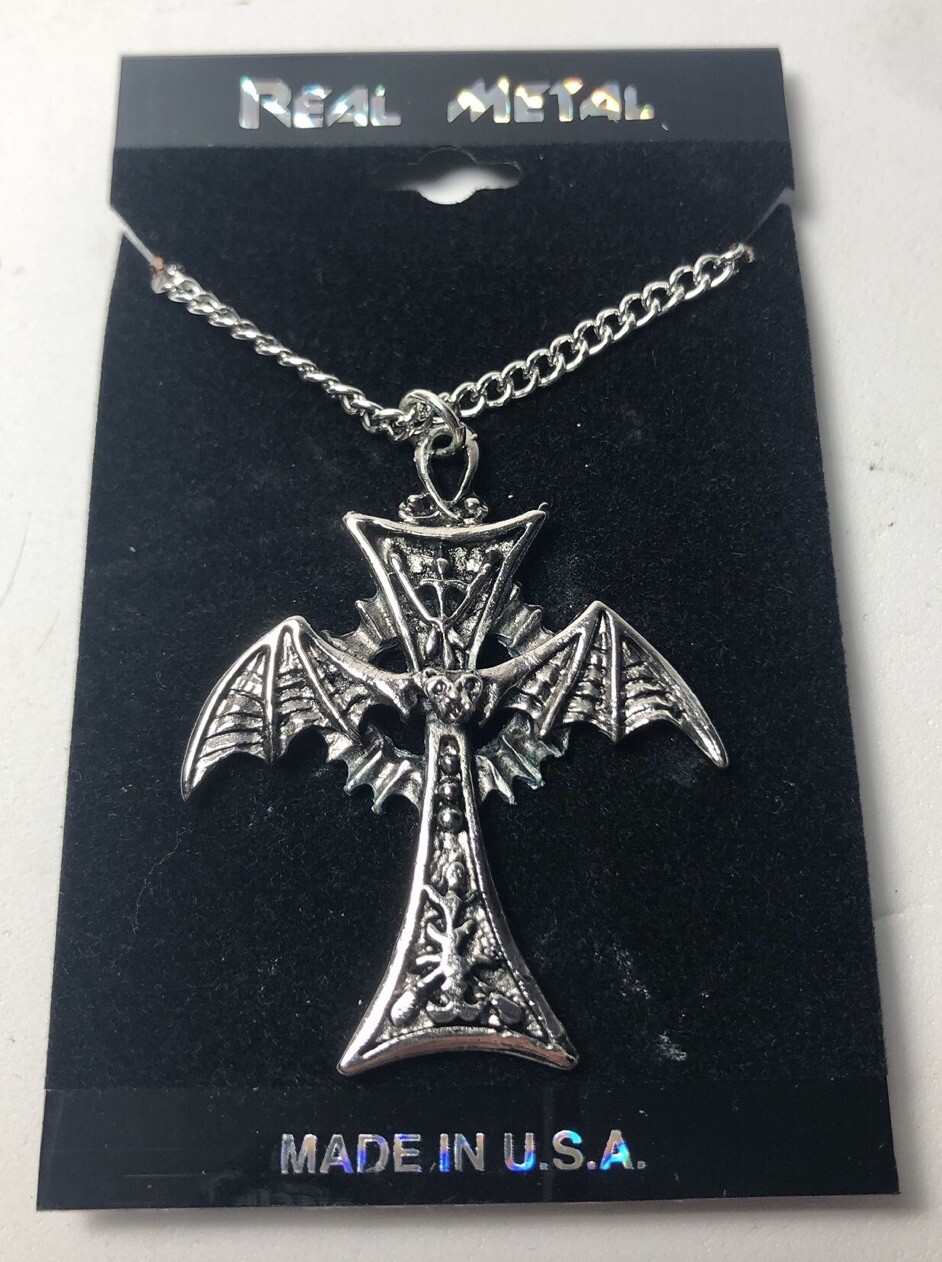 Real Metal Jewelry Bat Wing Cross Gothic Occult Silver Tone Pendant
