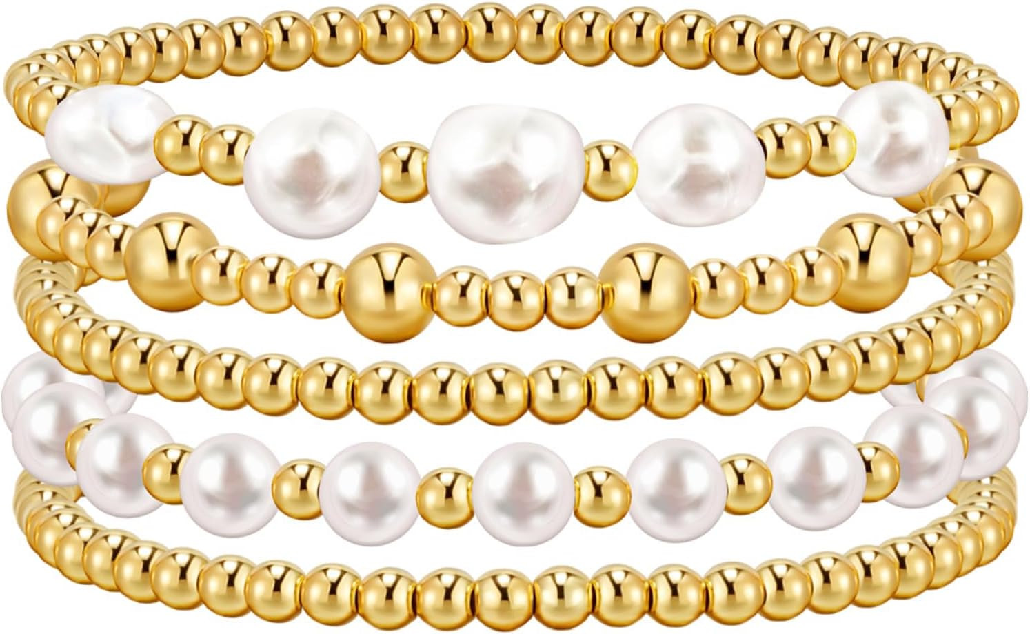 5Pcs Silver Gold Beaded Stretch Bracelet Stack Set Pearl Women Teen Jewelry