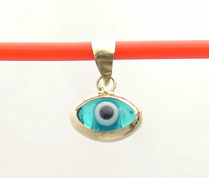 3D Oval Ocean Blue Evil Eye Good Luck Charm Pendant Real 14K Yellow Gold