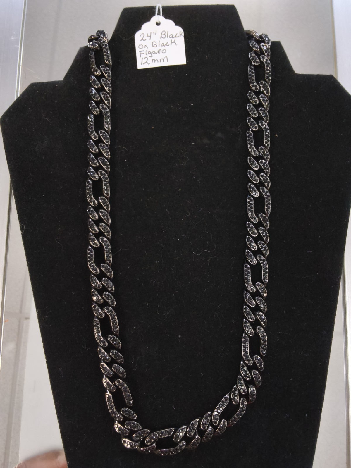 Black on Black Figaro Chain Necklace 24″ 12mm Iced Link Hip Hop Fashion Chain…