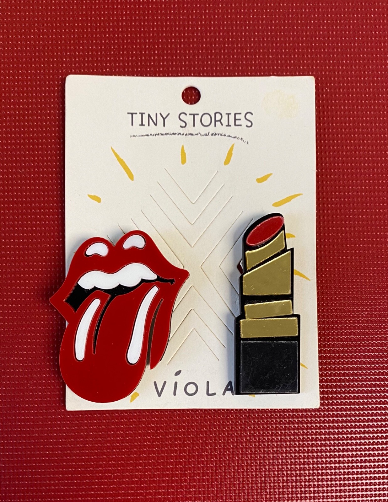 Rock Star Glamour VIOLA Lapel Pin & Red Lipstick SET OF 2 Tiny Stories NWT 💋