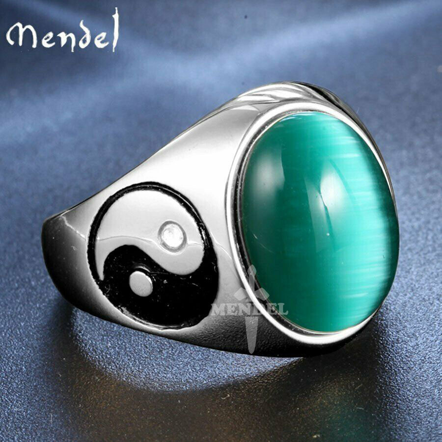 MENDEL Mens Stainless Steel Yin Ying Yang Cat Eye Green Stone Ring Men Size 7-15